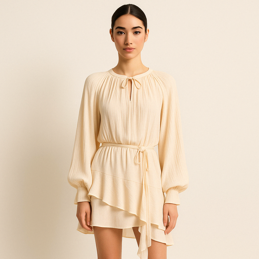 Robe drapée à manches longues avec mini-jupe et ceinture froncée - Ivoire