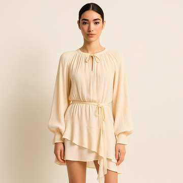 Robe drapée à manches longues avec mini-jupe et ceinture froncée - Ivoire